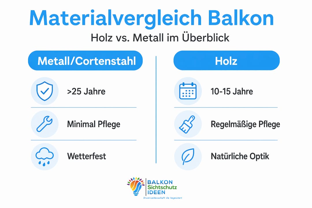 Eigenschaften hochwertiger Sichtschutz: Balkon-Guide 2026 8 In dieser Infografik werden Sichtschutzelemente aus Metall und Holz gegenübergestellt.
