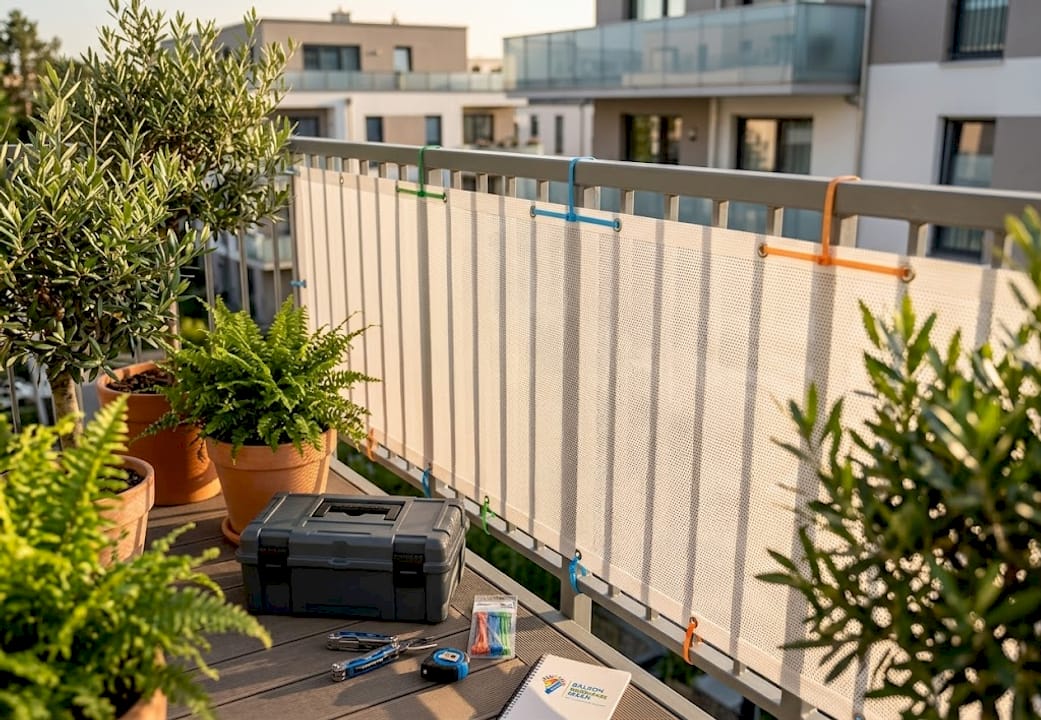 Textilbanner für den Balkon: Ihr praktischer Leitfaden 7 Das Mesh-Banner am Balkongeländer in beeindruckender Detailansicht