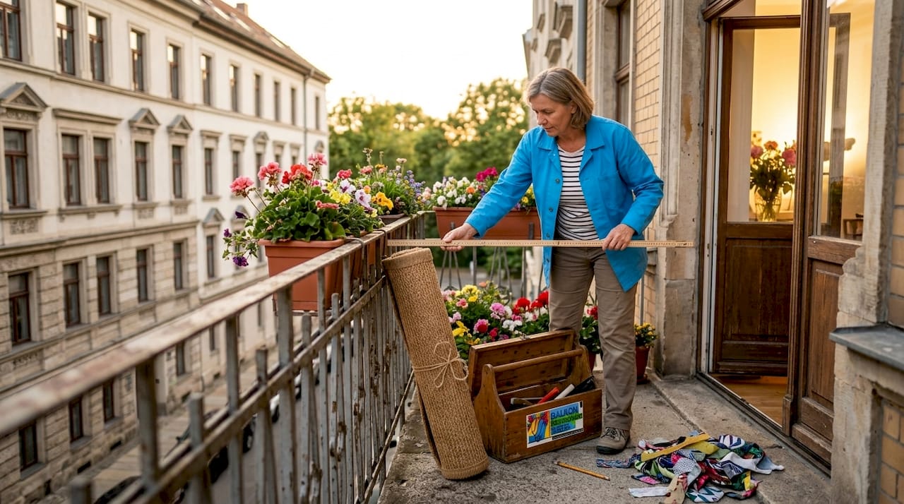 Individuellen Sichtschutz planen: Schritt-für-Schritt-Anleitung 7 Eine Frau nimmt am Balkon Maß, um einen Sichtschutz anzubringen.