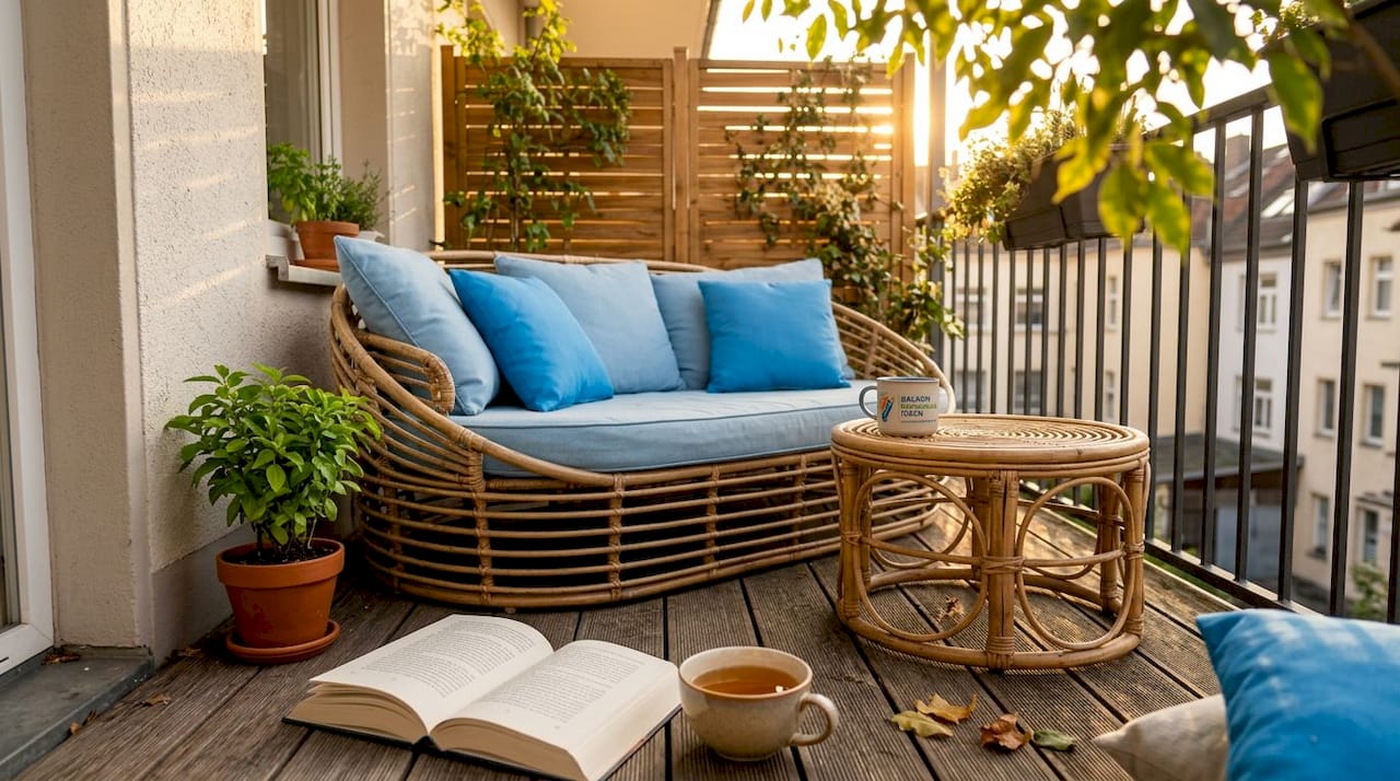 Balkon Dekorationsideen Liste 2026: Tipps für Mieter 7 Ein Balkon zum Wohlfühlen mit Rattanmöbeln, Holzdielen und viel Grün