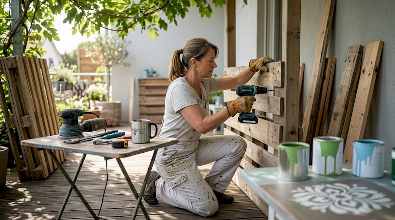 Kreative Sichtschutzmotive gestalten: Die beste Anleitung 8 Mit ein wenig Kreativität baut eine Frau auf ihrer Terrasse einen Sichtschutz aus Holzpaletten.