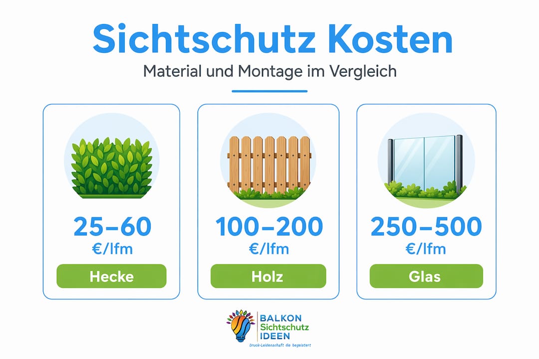 Kostenfaktoren beim Sichtschutz: Der komplette Überblick 3 In dieser Infografik werden die Kosten verschiedener Materialien für Sichtschutzlösungen übersichtlich dargestellt.