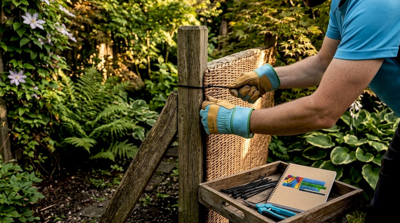 Befestigungstipps Sichtschutzmatten: Sicher & stabil 3 Mit geschickten Händen wird ein Sichtschutz am Gartenzaun befestigt.