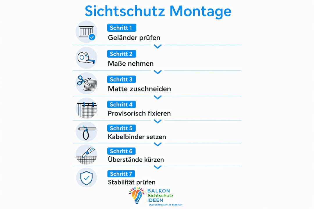 Sichtschutz am Geländer anbringen: Der Praxis-Guide 8 Schritt-für-Schritt-Infografik: So bringen Sie Ihren Sichtschutz am Balkongeländer richtig an