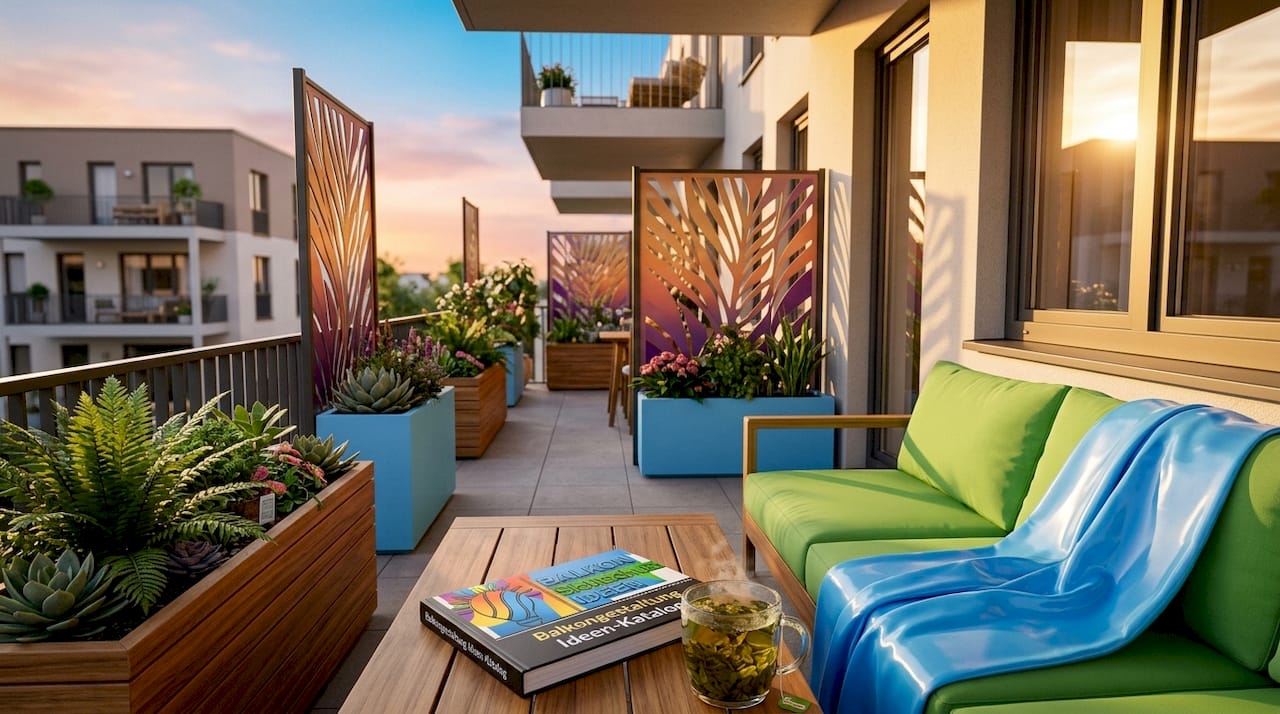 Moderne Balkon-Designs erstellen: Der Guide 2026 3 Zeitgemäß gestalteter Balkon mit gemütlicher Sitzecke und grüner Bepflanzung