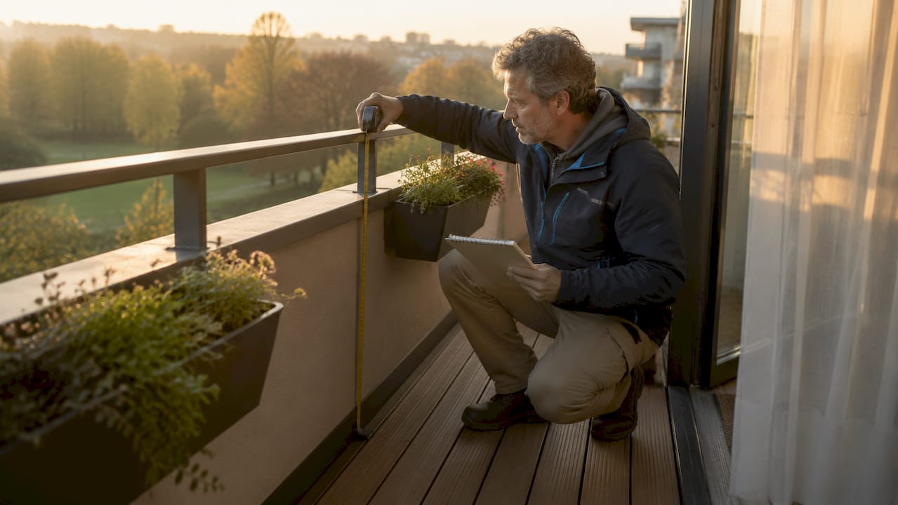 Vorteile individueller Balkonmotive für Mieter 3 Ein Mieter nimmt Maß auf seinem Balkon, um einen Sichtschutz anzubringen.