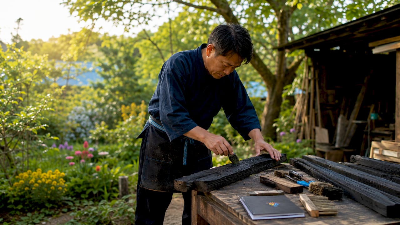 Traditionelle Handwerkskunst im Sichtschutz: Bedeutung und Ideen 3 Ein Handwerker setzt im Garten die traditionelle Yakisugi-Holzbrandtechnik ein.