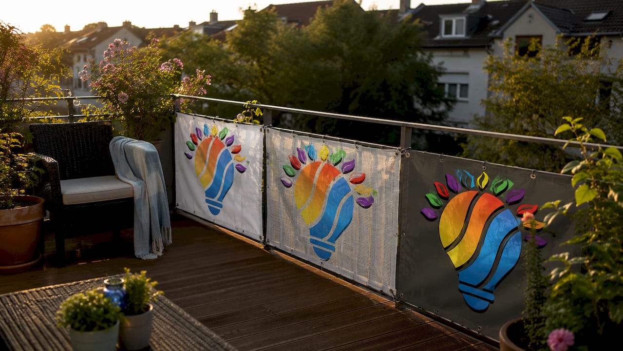 Balkon-Bannermodelle: Arten, Materialien und Tipps 4 Balkon mit drei unterschiedlichen Bannern am Geländer befestigt