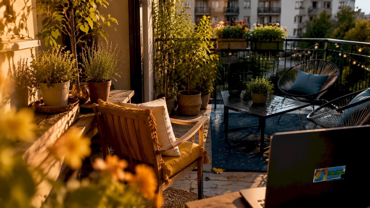 Wirkung von Farbwahl am Balkon: Psychologie und Praxis 4 Ein Balkon, der mit einer gelungenen Mischung aus warmen und kühlen Farbtönen gestaltet ist