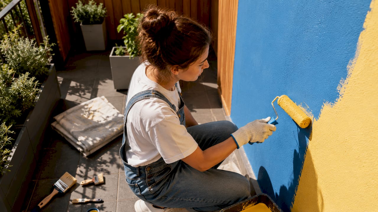 Balkon Farbkonzepte anwenden: der praktische Guide 4 Eine Person bringt frische Farbe auf ihren Betonbalkon auf.