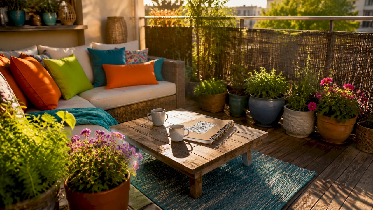 So gelingt Balkon Atmosphäre: Dein Guide für 2026 3 Einladende Balkonmöbel, liebevoll arrangiert mit Kissen und grünen Pflanzen, schaffen eine behagliche Wohlfühloase im Freien.