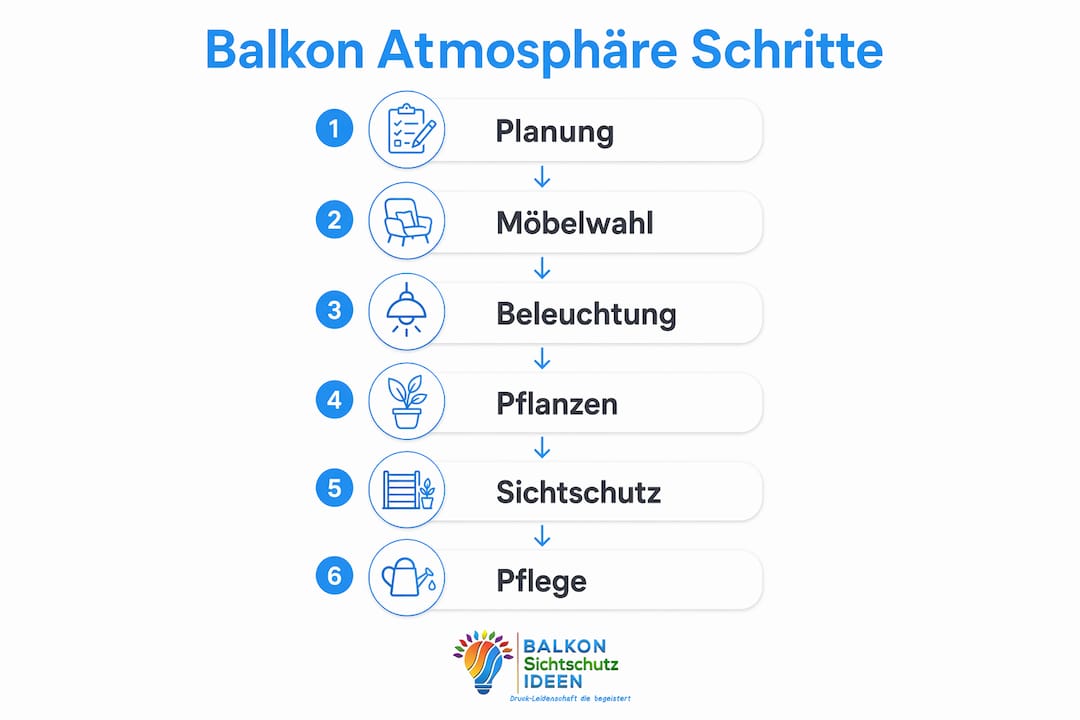 So gelingt Balkon Atmosphäre: Dein Guide für 2026 5 Sechs praktische Tipps, wie du mit kleinen Veränderungen für Wohlfühlatmosphäre auf deinem Balkon sorgst – als übersichtliche Infografik gestaltet.