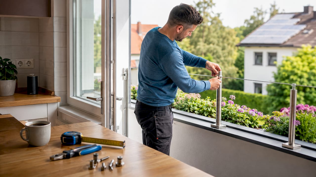 Eine Person bringt ein Spannseil am Balkongeländer an.