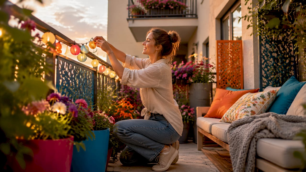 Warum individuelle Motive wählen: Balkon gestalten 4 Jemand gestaltet seinen Balkon individuell mit ausgewählten Dekorationsartikeln.