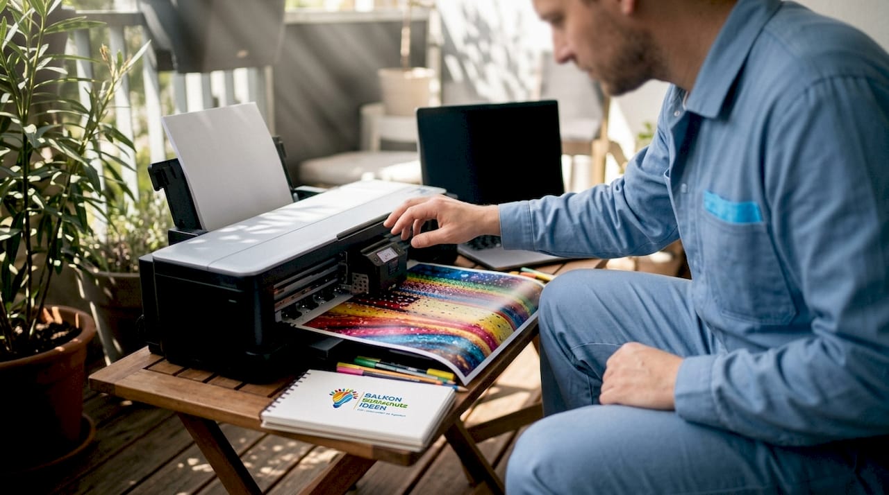 Funktion moderner Druckverfahren für Ihren Balkon 4 Auf dem Balkon arbeitet jemand an einem Digitaldrucker.