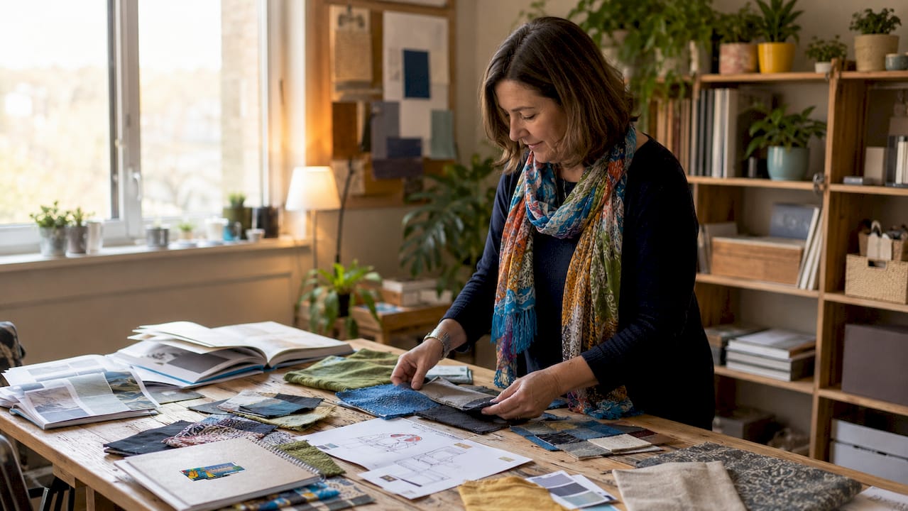 Designvielfalt in der Innenraumgestaltung: Ihr Leitfaden 4 In ihrem lichtdurchfluteten Homeoffice sucht eine Frau aus verschiedenen Stoffmustern das passende Design aus.
