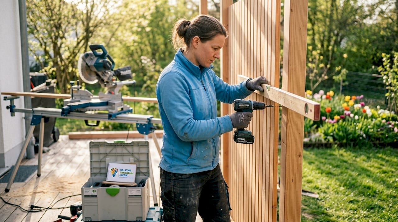 Terrassenideen zum Nachbauen: Der komplette Guide 4 Eine Frau richtet beim Bau ihrer Terrasse die Platten mit der Wasserwaage sorgfältig aus.