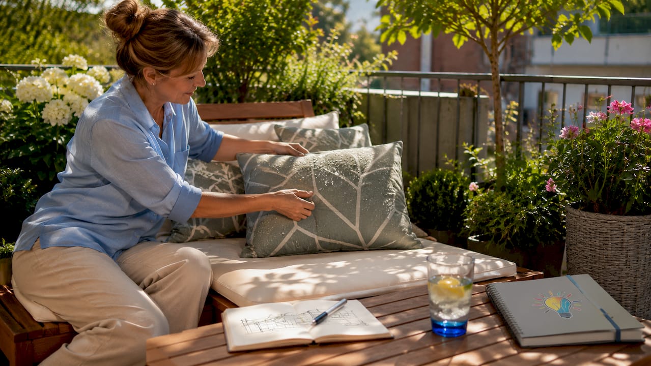 Vorteile von Outdoortextilien für Balkon und Garten 6 Eine Frau richtet gemütliche Sitzkissen auf ihrem Balkon und sorgt für eine einladende Atmosphäre im Outdoor-Bereich.