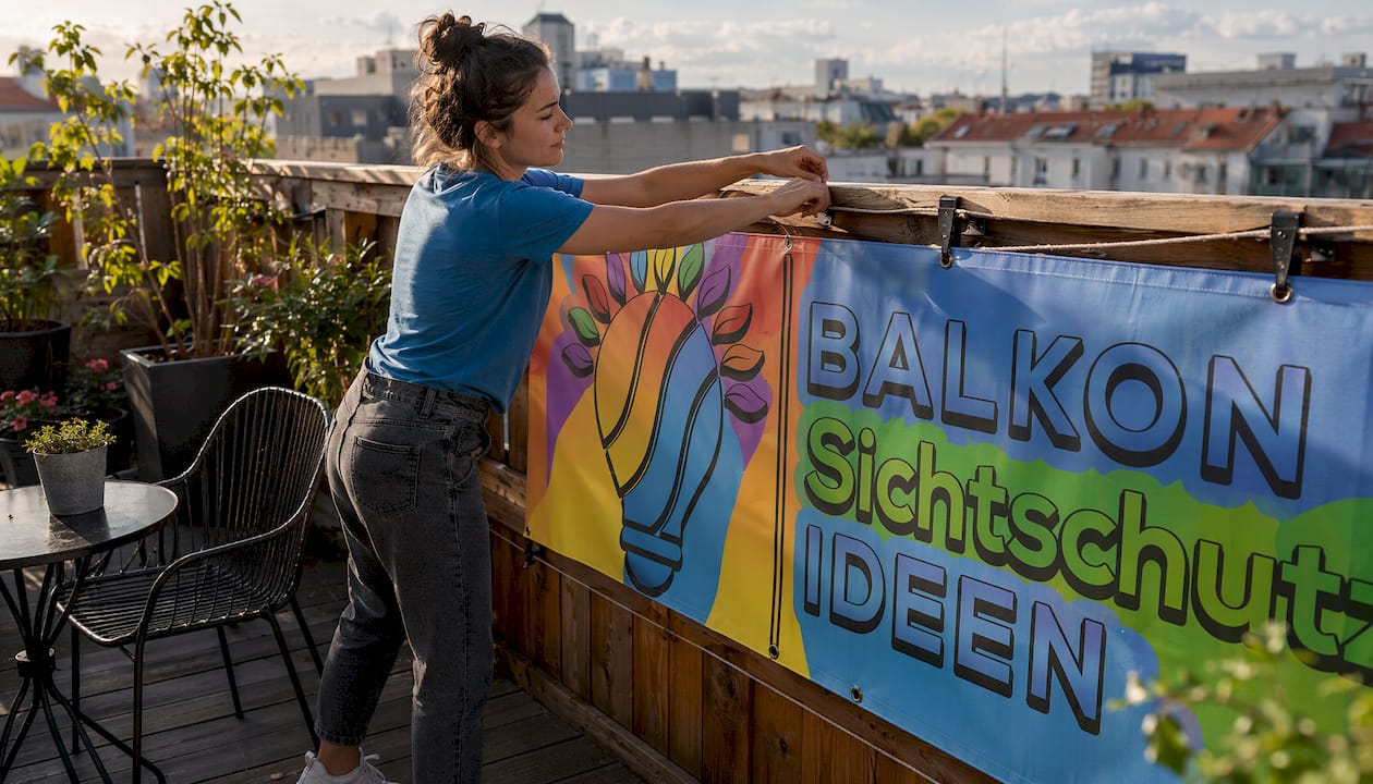 Vorteile von Textilbannern für Balkon und Garten 6 Eine Frau bringt ein Stoffbanner am Balkon an.