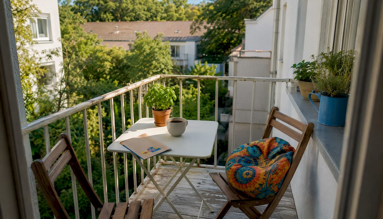 Deko Balkon: 11 Ideen für Ihre Wohlfühloase 4 Kleiner Balkon mit klappbaren Möbeln und viel Grün