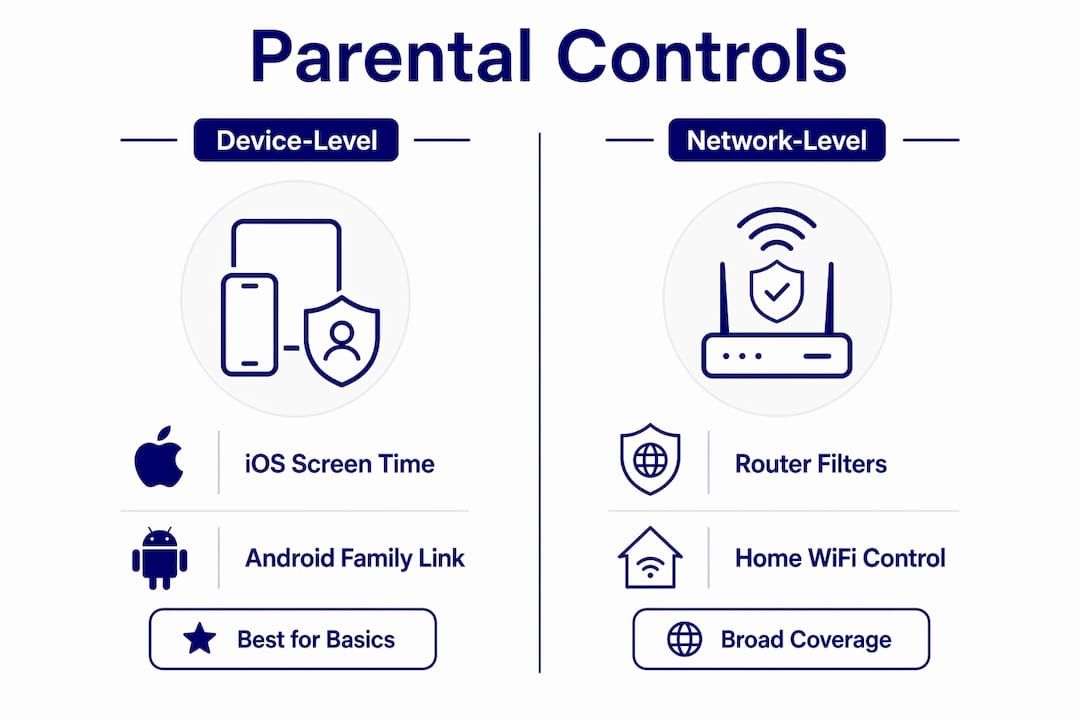 Infographic comparing device-level and network-level parental controls