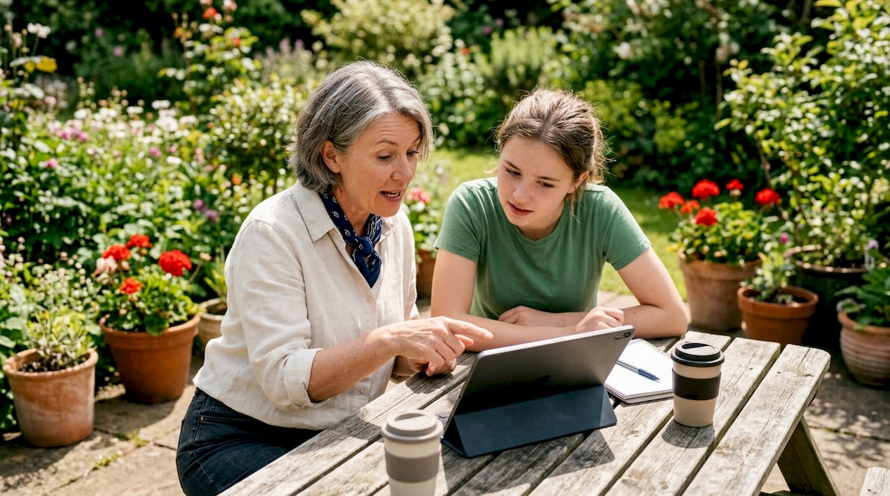 Mother teaching daughter password management