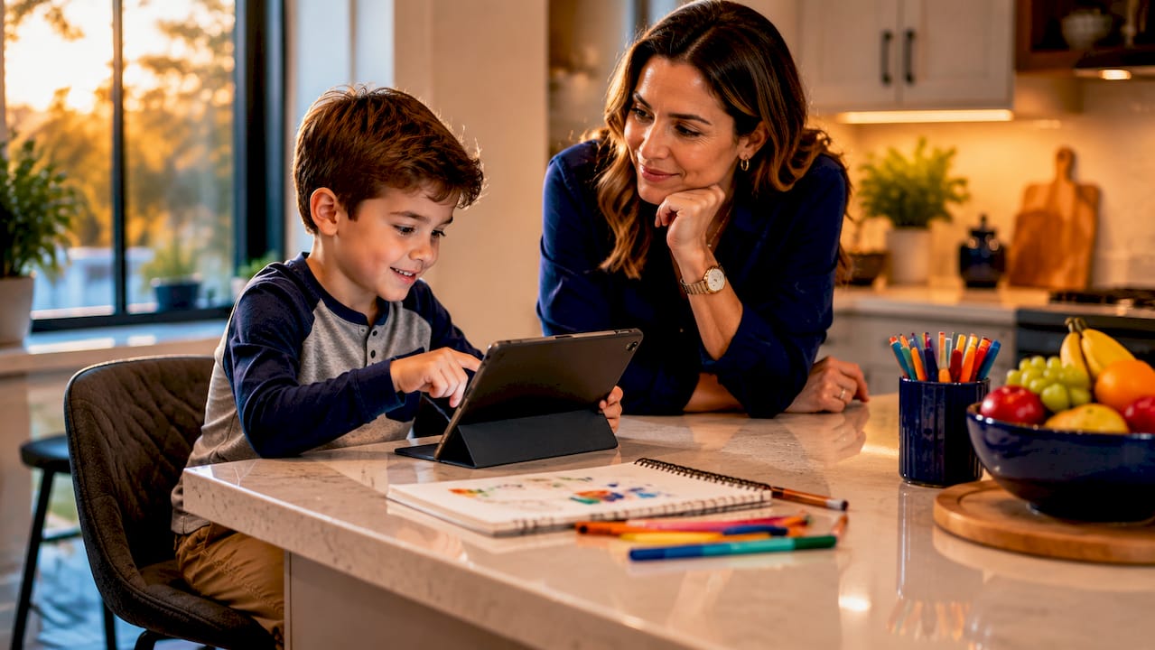 Parent supervising child on tablet at home
