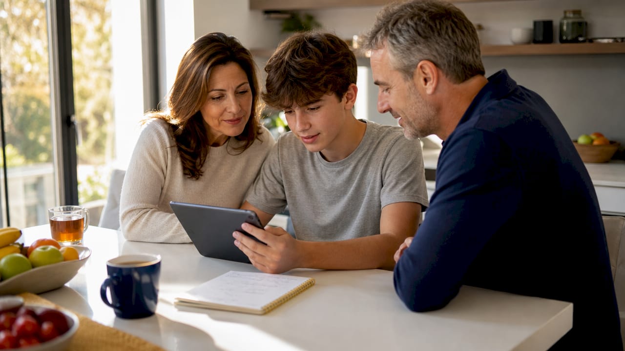 Parents guiding child on tablet device