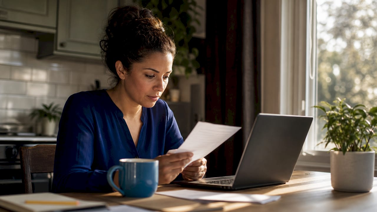 Woman reviewing phishing alert at home office