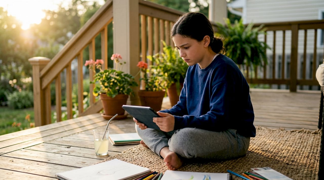 Thoughtful girl with tablet at kitchen table
