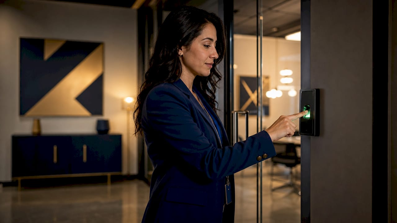Woman using biometric scan to enter office