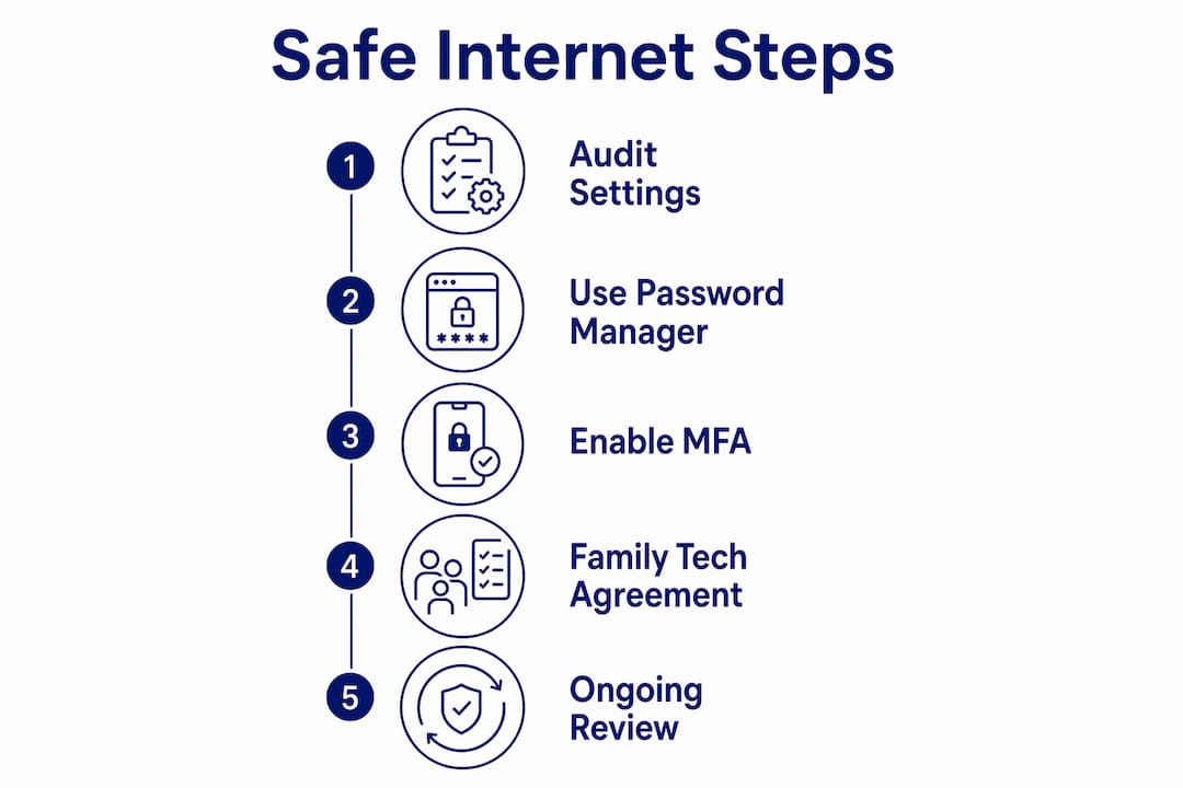 Infographic illustrating steps for safe internet usage