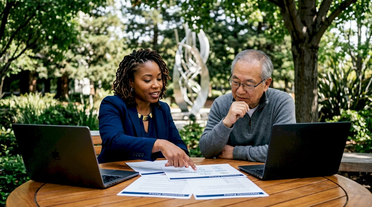 Colleagues discussing cybersecurity documents in office