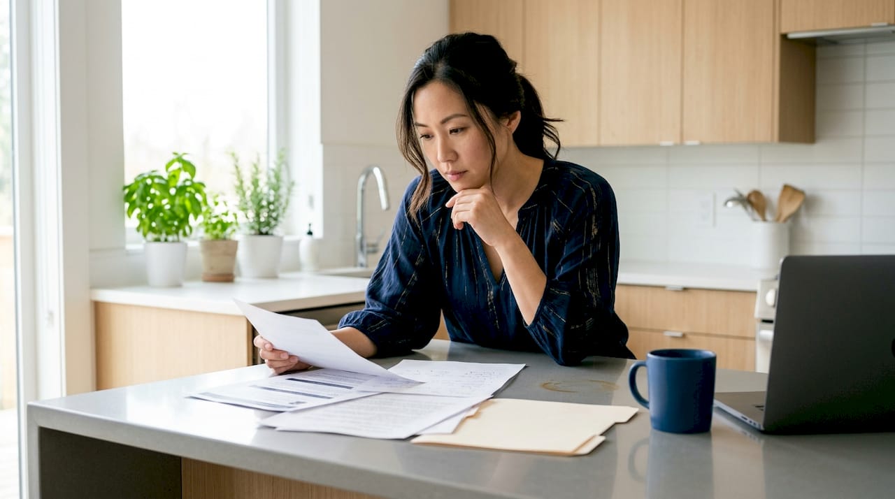 Woman reviewing phishing examples at home workspace