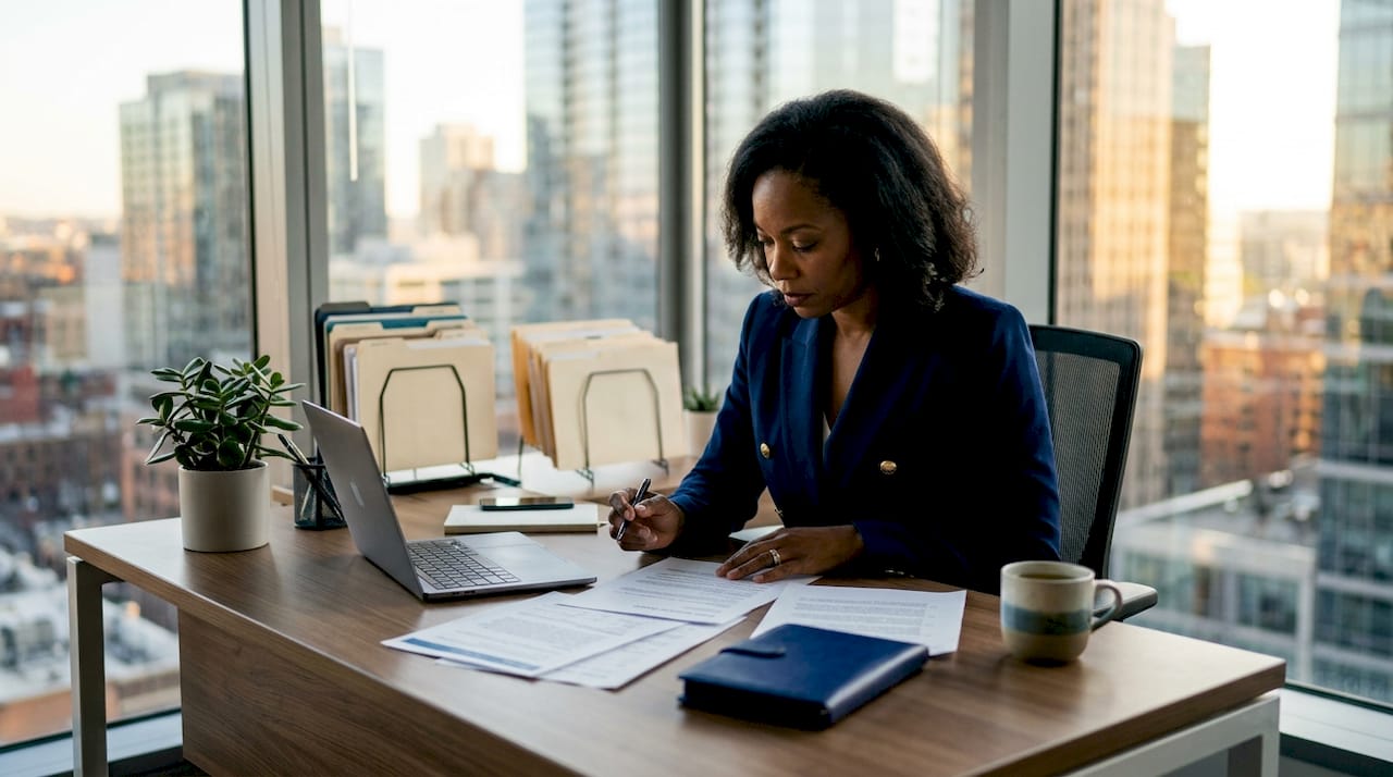 Executive reviewing cybersecurity documents in boardroom