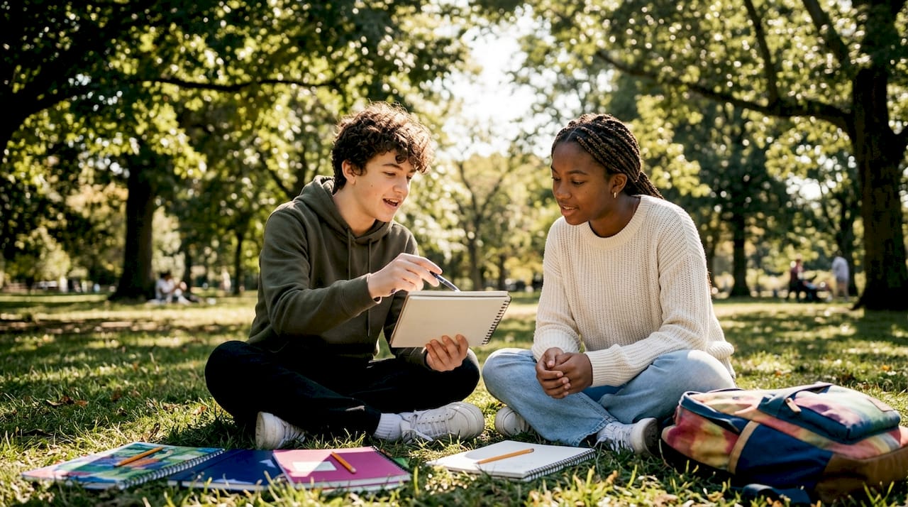 Teenagers discussing empathy study over tablet in library