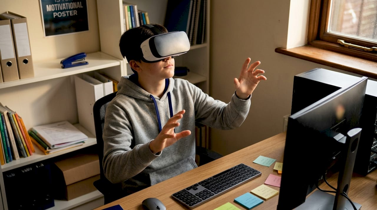 Teen student using VR headset in school lab
