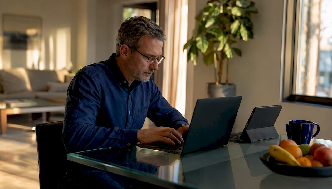 Parent securing online accounts at home desk