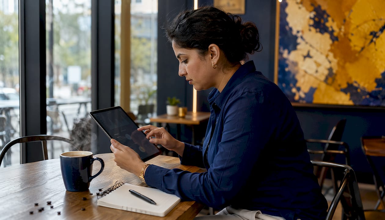 Woman using digital monitoring software at home