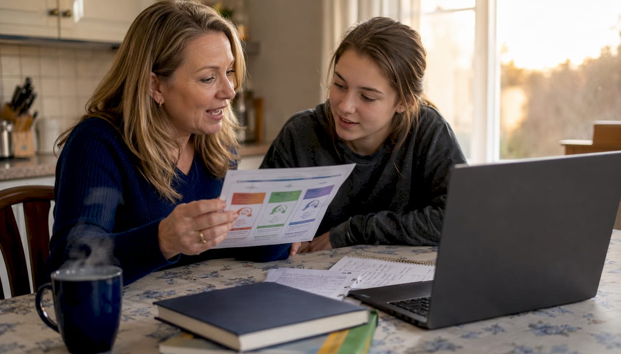 Mother teaching daughter about passwords at home desk