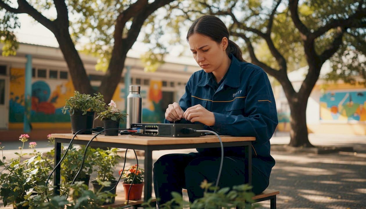 Female technician testing security device