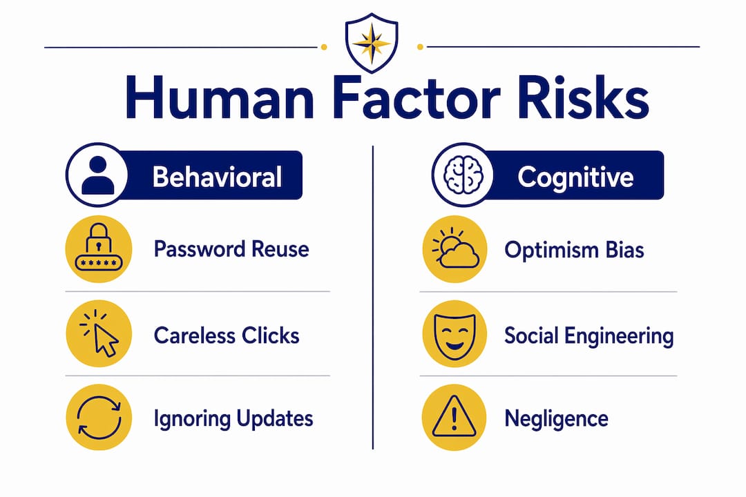 Infographic showing human factor risks in cybersecurity with two categories