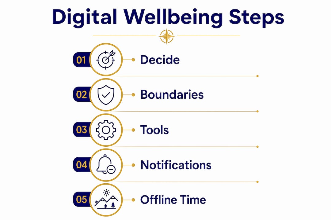 Infographic showing steps to improve digital wellbeing