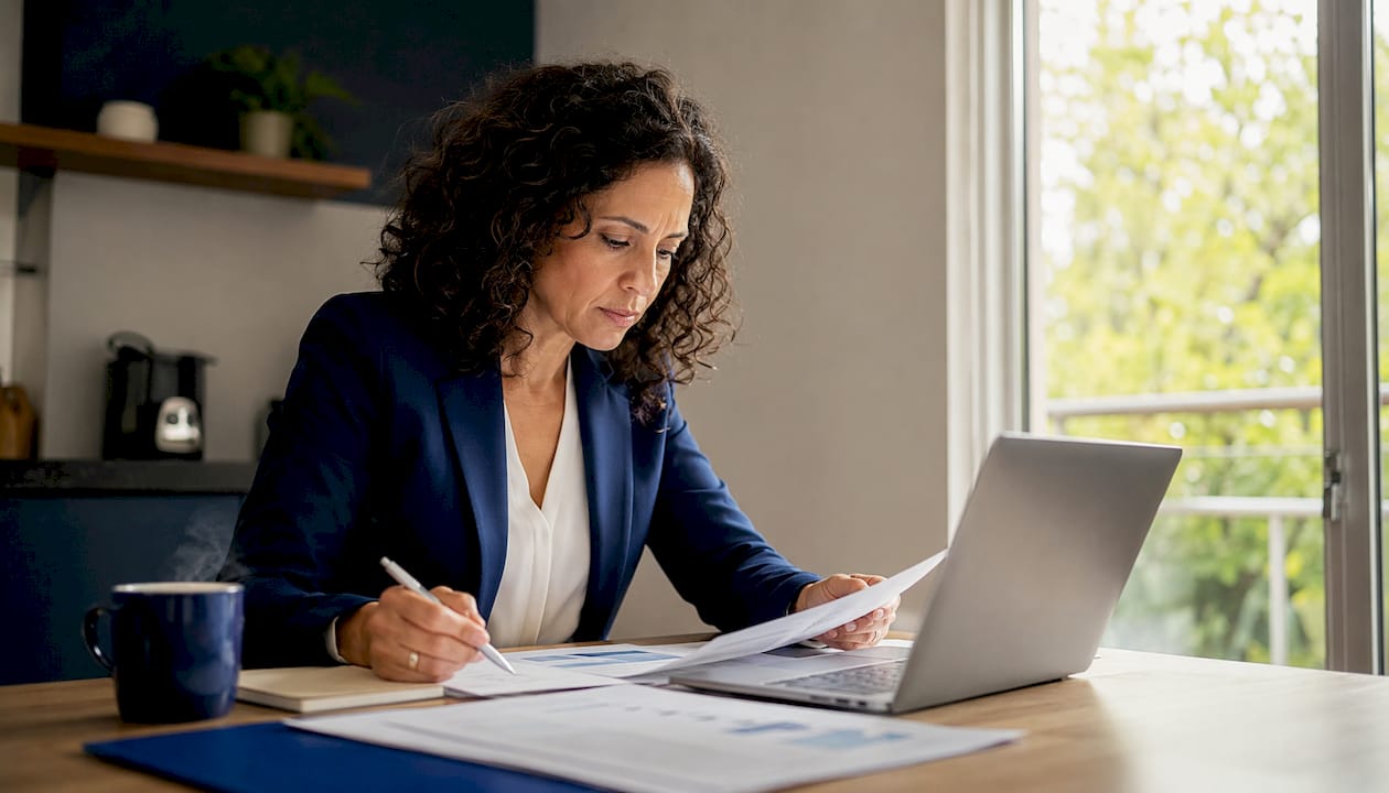Woman reviewing digital risk documents at desk