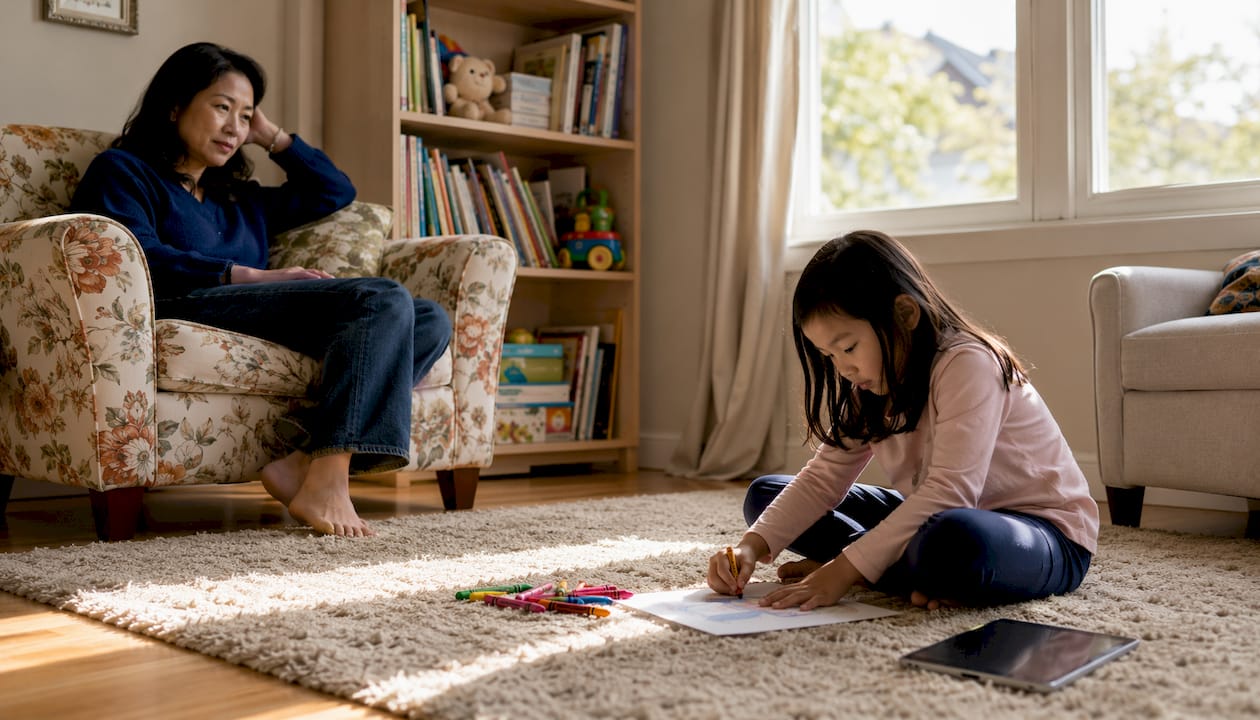 Mother watching daughter’s tablet use discreetly