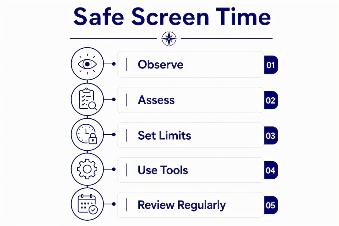 Infographic illustrating five steps of safe screen time habits