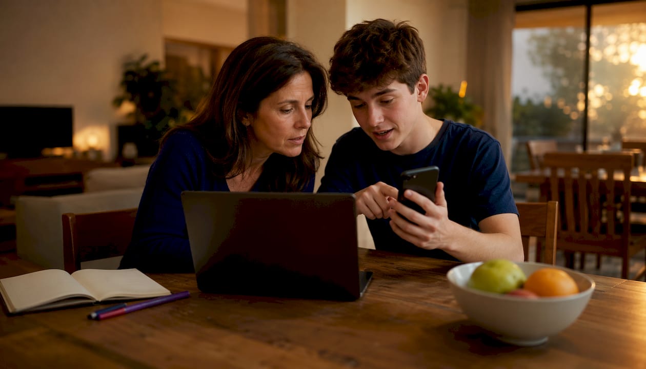 Mother and son discussing password security at home