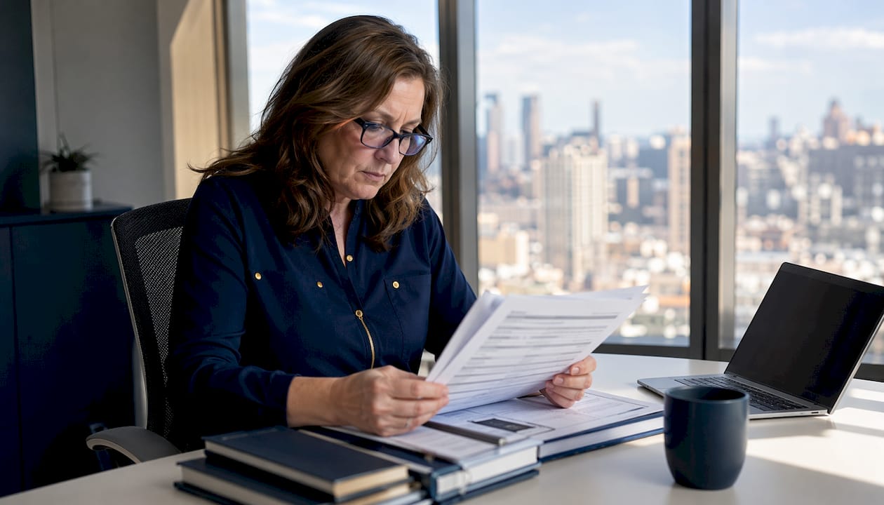 IT professional reviewing breach reports at desk