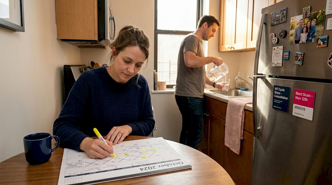 Woman marking IVF schedule at kitchen table