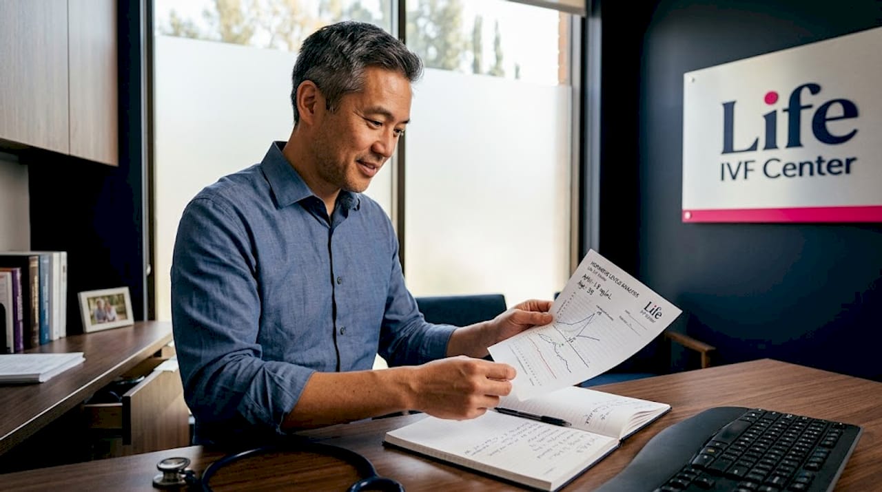 Doctor reviews hormone chart at desk